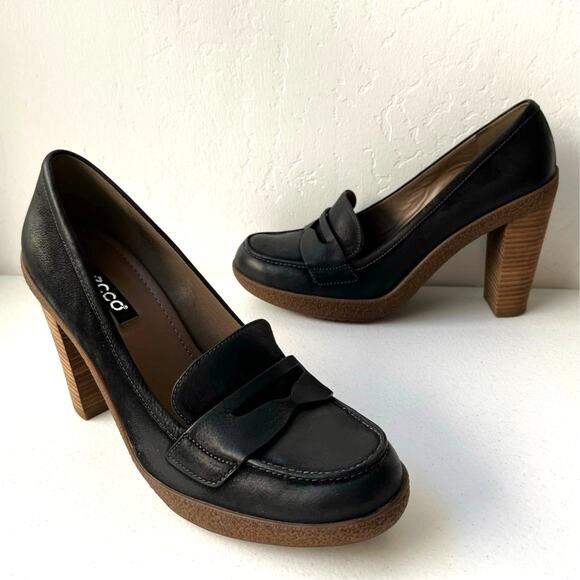Ecco Nomane Leather Penny Loafers Chunky Platform Preppy Academia Size 40/9-9.5 - Picture 1 of 14